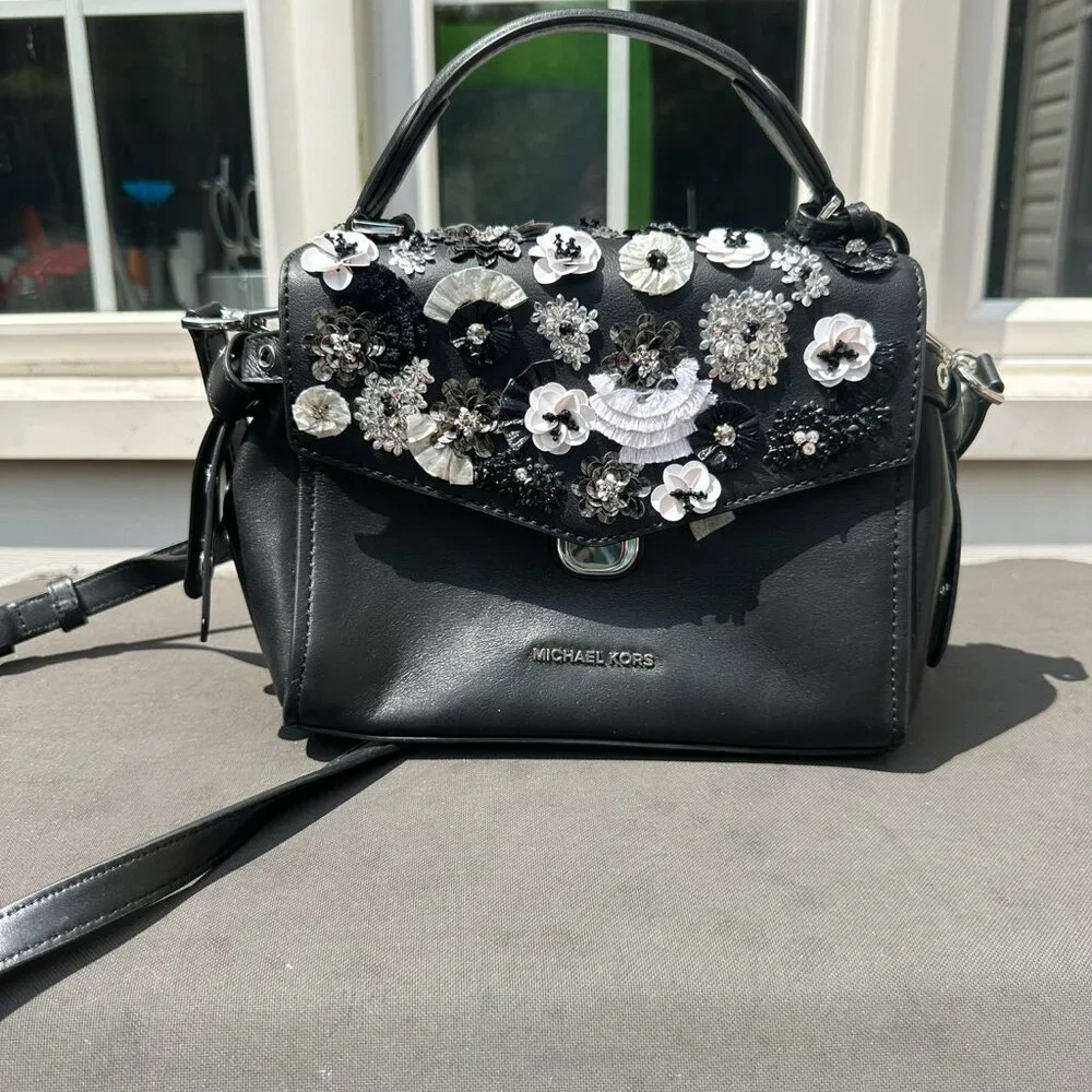 NWT Michael Kors Leather Bristol Embellish Floral Satchel, Black, White, Silver - Picture 2 of 10